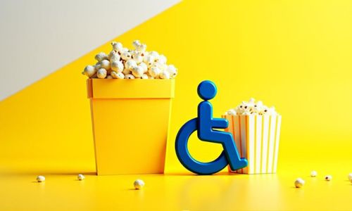 Blue accessibility wheelchair icon between two popcorn tubs on a bright yellow background